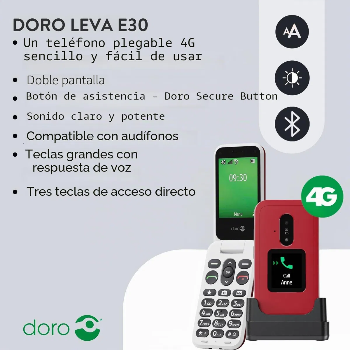 Doro Leva E30 Teléfono Móvil para Mayores 4G, Fácil de Usar, Pantalla 2.8" + Pantalla Externa, Teclas Grandes, Sonido Alto y Claro, Botón SOS, Cámara, Base de Carga, Libre