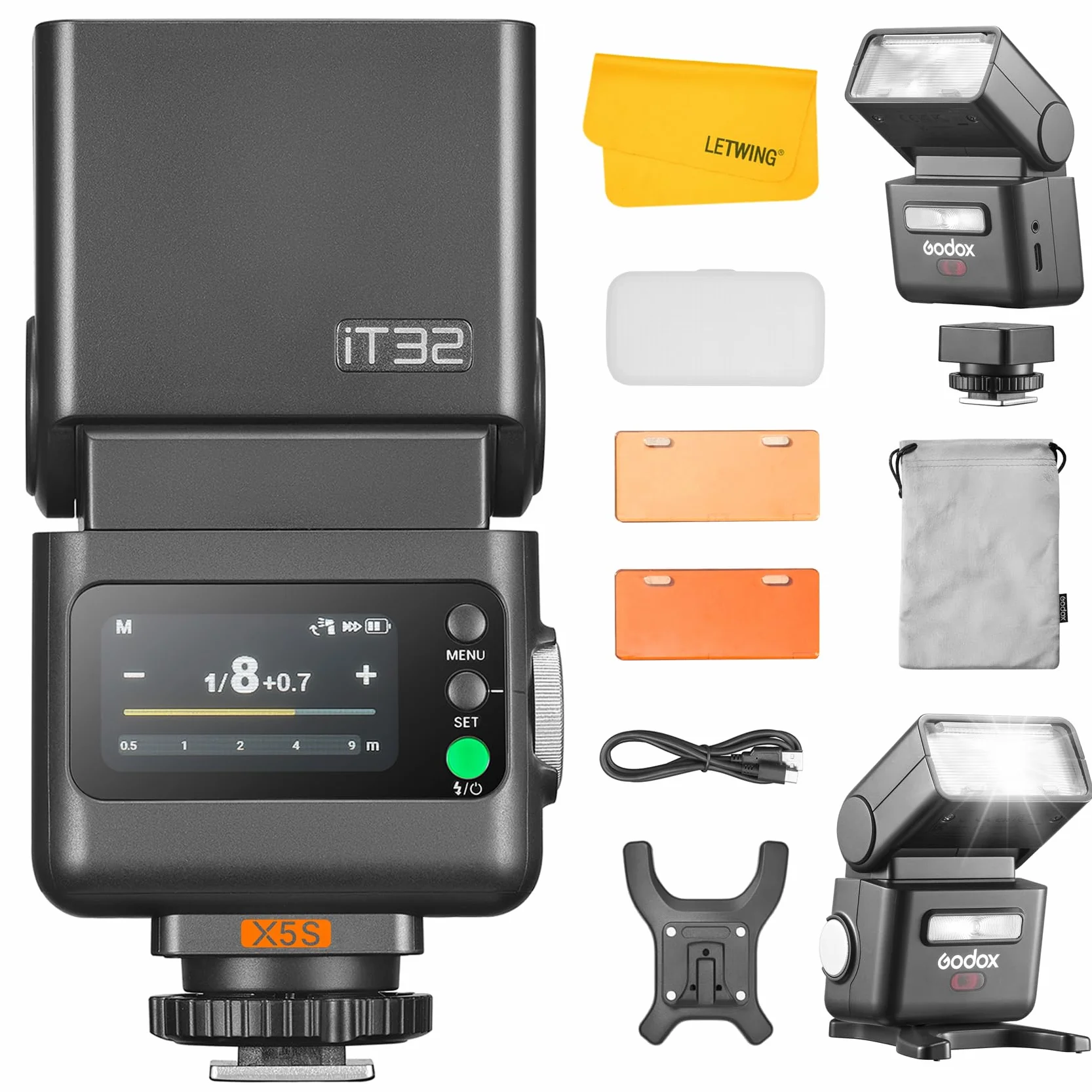 GODOX IT32 TTL Flash para Cámara con Disparador X5S para Sony, 2,4G inalámbrico Flash HSS 1/8000s, Zapata Magnética, Receptor Integrado, 510 Flashes de Máxima Potencia, con Reflector y Difusor