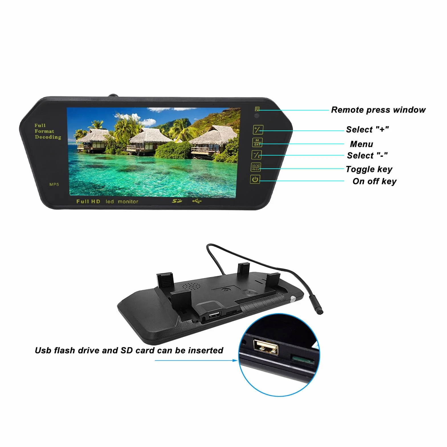 Fockety Cámara de Espejo Retrovisor, Cámara de Tablero de Espejo de 7 Pulgadas con Cámara de 4 LED, Cámara Trasera 1080P para Automóvil, Cámara de Respaldo Impermeable, Visión Nocturna,