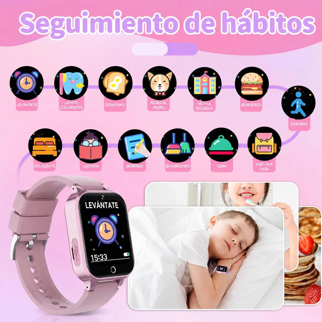 Reloj Inteligente Niño Niña 3-15 Años, 39 Juegos, Modo Deportivo, 100+ Tarjetas de Aprendizaje, Audiolibros, Modo Escuela, Cámara, MP3, Podómetro, Alarma, Linterna, Regalo Educativo para Niños y Niñas