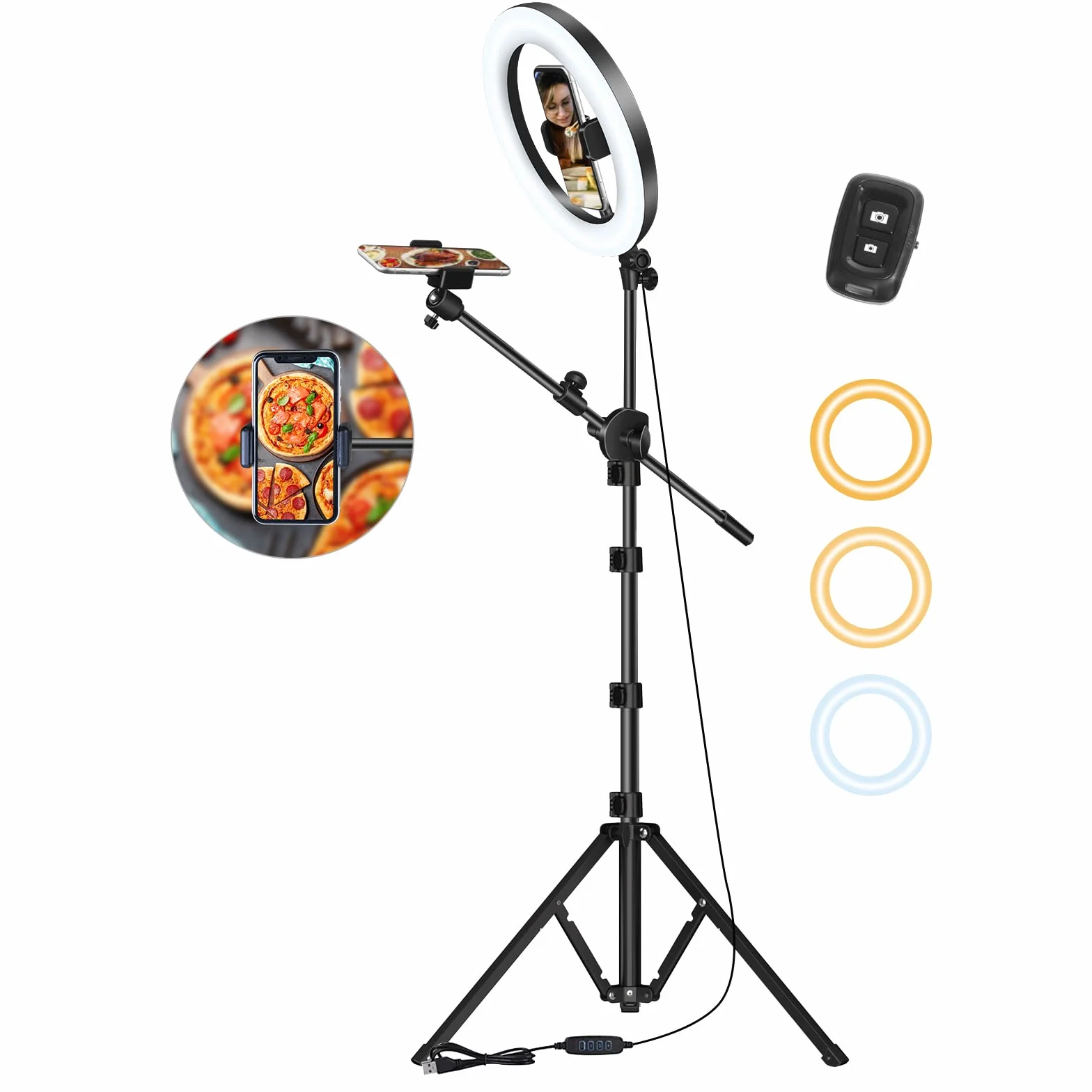 LUXSURE Aro de Luz LED 10,5” para Móvil con Trípode Ajustable, Soporte Doble 2 Smartphones con Brazo Superior para Grabación Cenital, Luz para Streaming, TikTok, Cocina, Vídeo y Fotografía con Mando