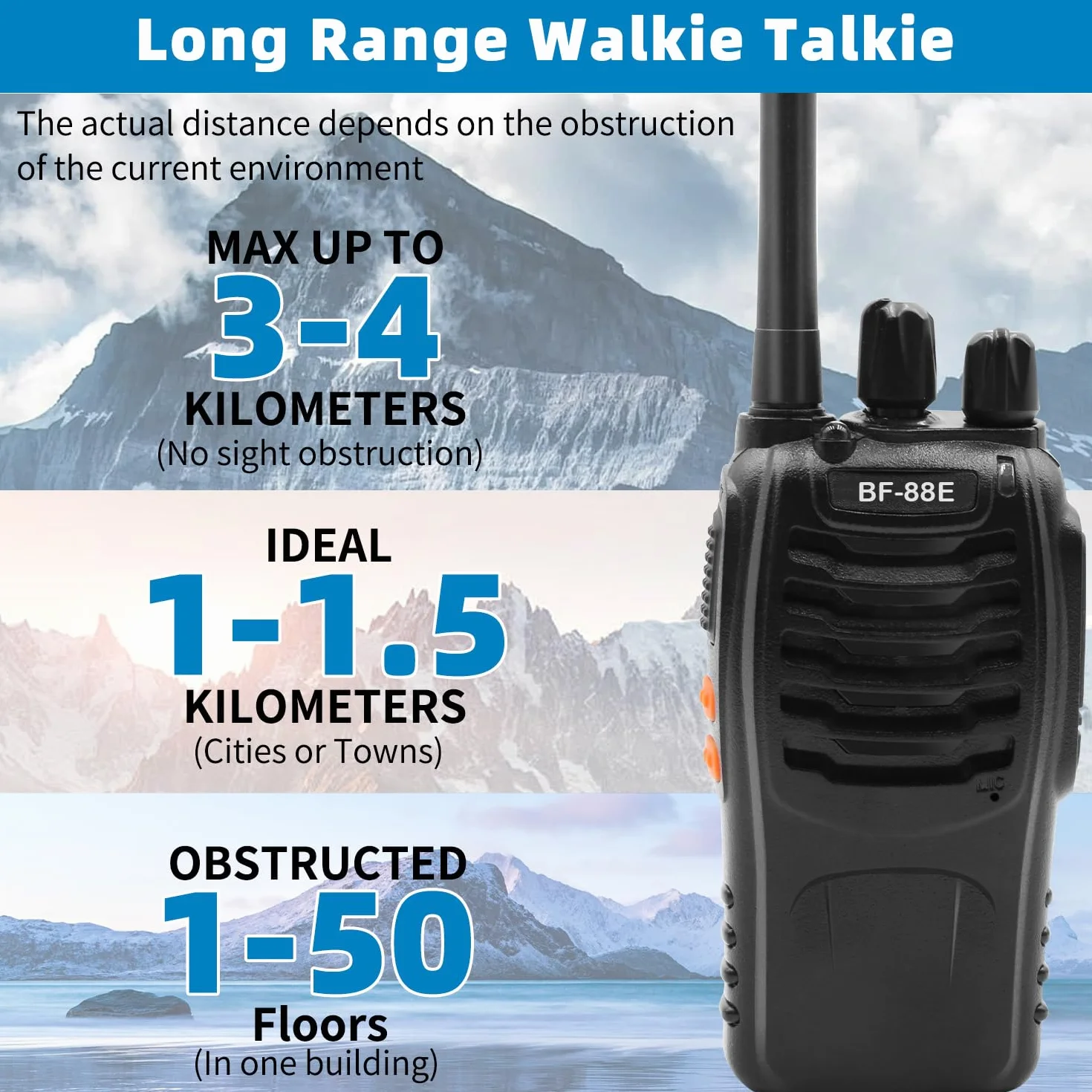 Walkie Talkie Profesionales, USB Recargables 1500mAh, 16 Canales CTCSS DCS, PMR 446 Radiocomunicación con el Auricular Incorporado Antorcha de LED, VOX - 1 Pare Negro BF-88E