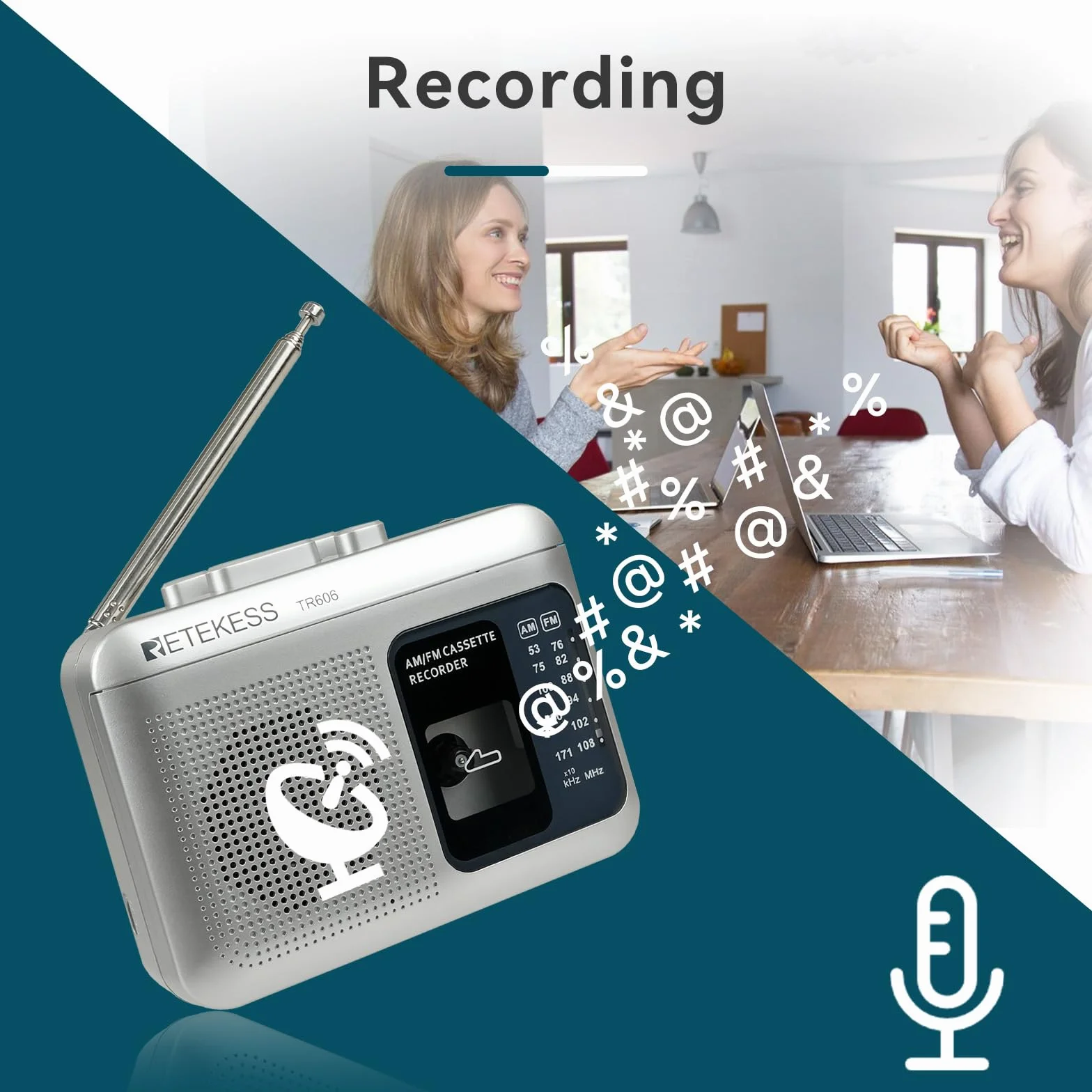 Retekess TR606 Reproductor de Casetes Portátil con Radio FM AM, Jack 3,5 mm, Grabación a Casete y PC, Plata