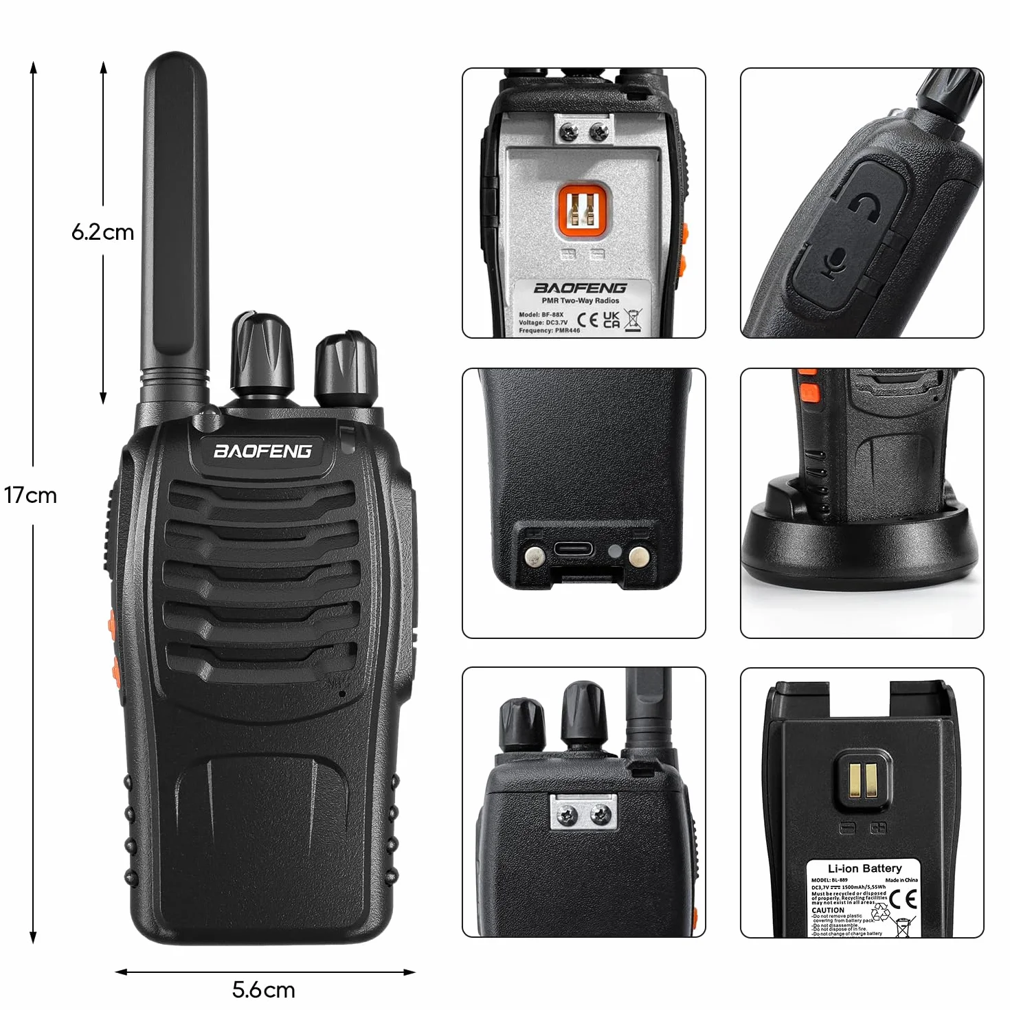 BF-88X Profesional Walkie Talkie, 16 Canales de Largo Alcance de Radio de Dos vías con Cargador USB, Auriculares, Ideal para los niños Jugar y el Trabajo de los Adultos (Negro, 1 par)