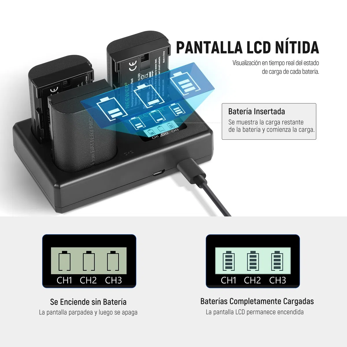NEEWER LP-E6NH 3 Baterías Repuesto & Cargador USB Set, 3 Paquete 2250mAh para LP-E6NH con Cargador USB Triple Ranura, Paño Limpieza, Compatible con Canon EOS R7 R5 R6 R6 II R 5DIV 6DII 7DII 80D