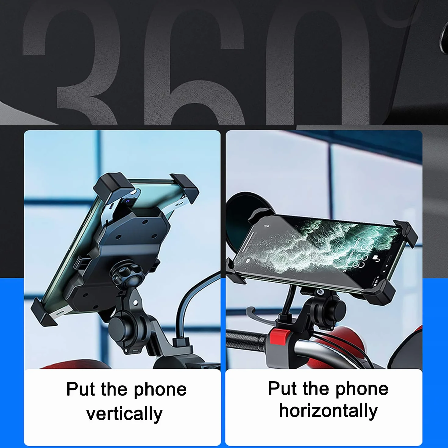 Jeebel Soporte para Teléfono de Motocicleta, 2 en 1 QI Inalámbrico QC 3.0 USB con Rotación 360° Ajustable para 4-7 Pulgadas