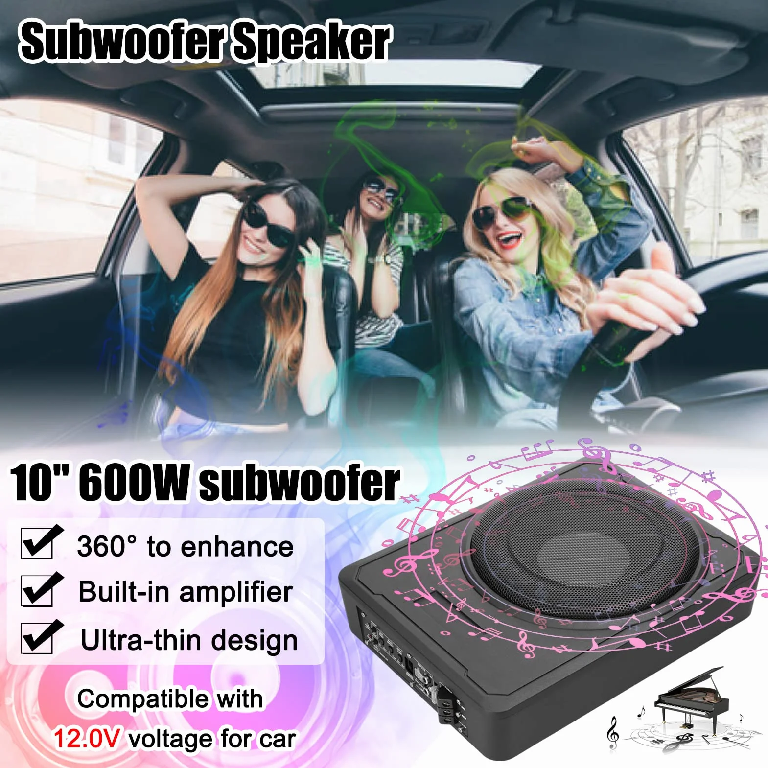 Subwoofer para Coche de 10 Pulgadas y 600W, Amplificador de Potencia bajo el Asiento de Graves Puros de Alta Potencia, Altavoz de 12 V para Coche, camión, Caravana