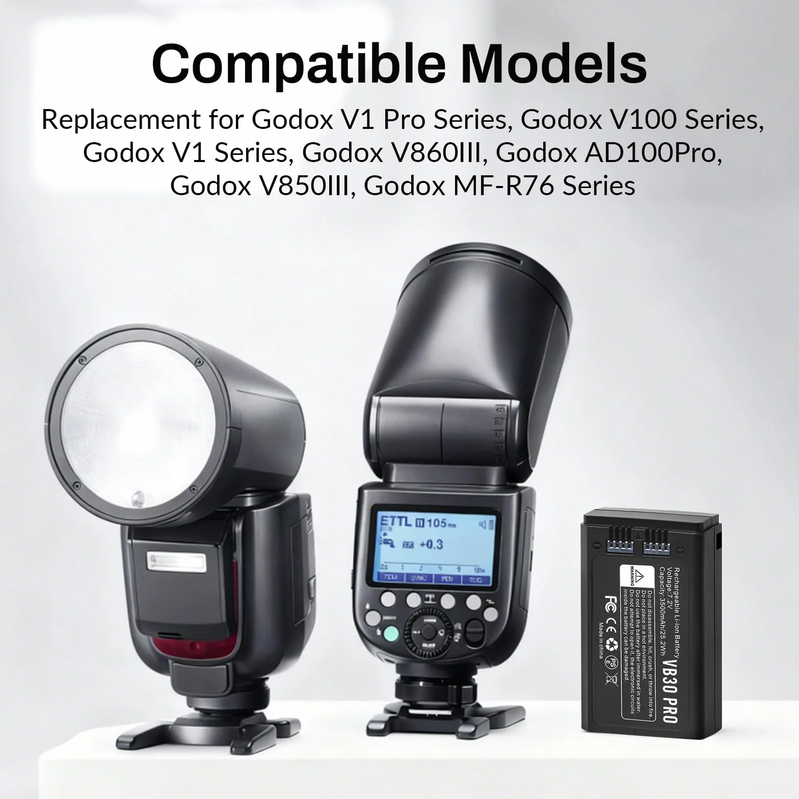 K KYUER 2-Pack VB30 Pro Batería Flash Superior para Godox V1 Pro Series V100 Series V1 Series V860III AD100Pro V850III MF-R76 Series Baterías para Flashes Batería de Repuesto, soporta Carga Tipo C