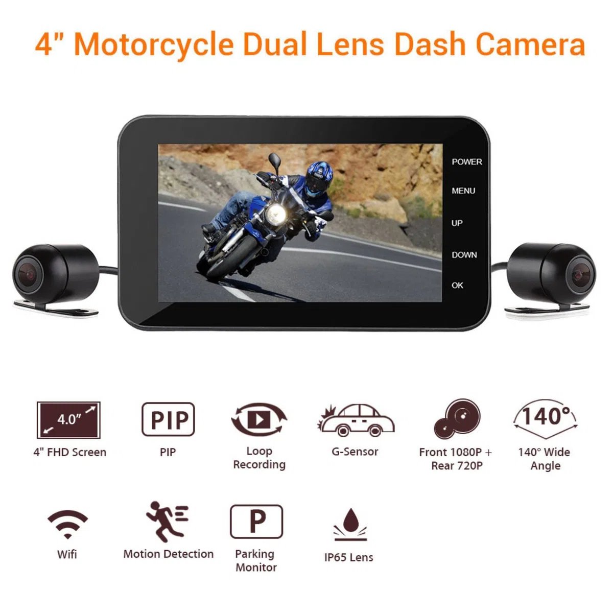 Dash CAM Motocicleta, 1080P, 4in, Pantalla Táctil, Resistente al Agua, WiFi, GPS, Sensor G, Detección de Movimiento, Grabadora de Video Conducción Cámara Delantera/Trasera, Monitor de Estacionamiento