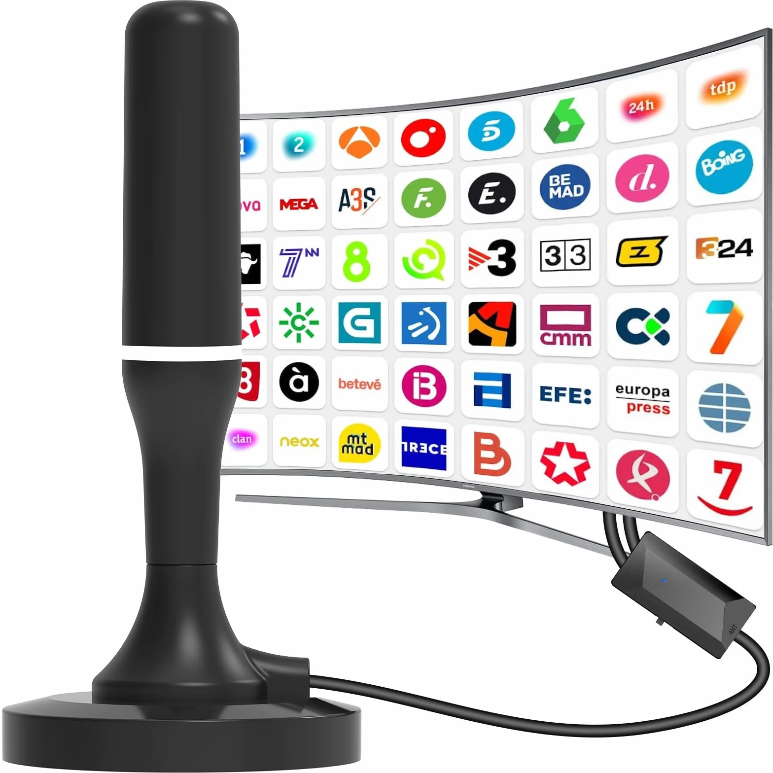 Antena TV Interior Potente HD, Amplificador Ajustable, Recepción 360°, Base Magnética, 4K/1080p VHF/UHF DVB-T/T2