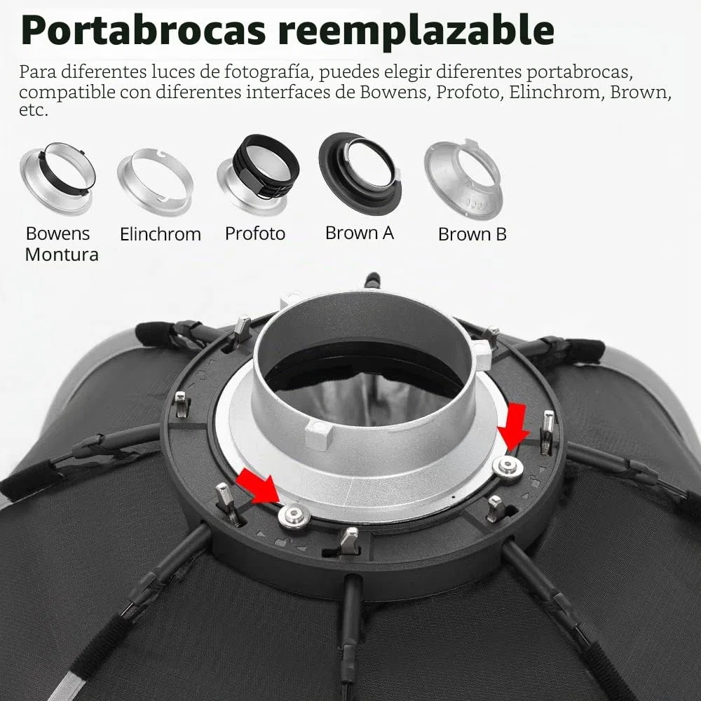 AMBITFUL Softbox con Montaje Bowens de instalación rápida + Rejilla de Nido de Abeja para Estudio fotográfico estroboscópico al Aire Libre (Octogonal de 90 cm)