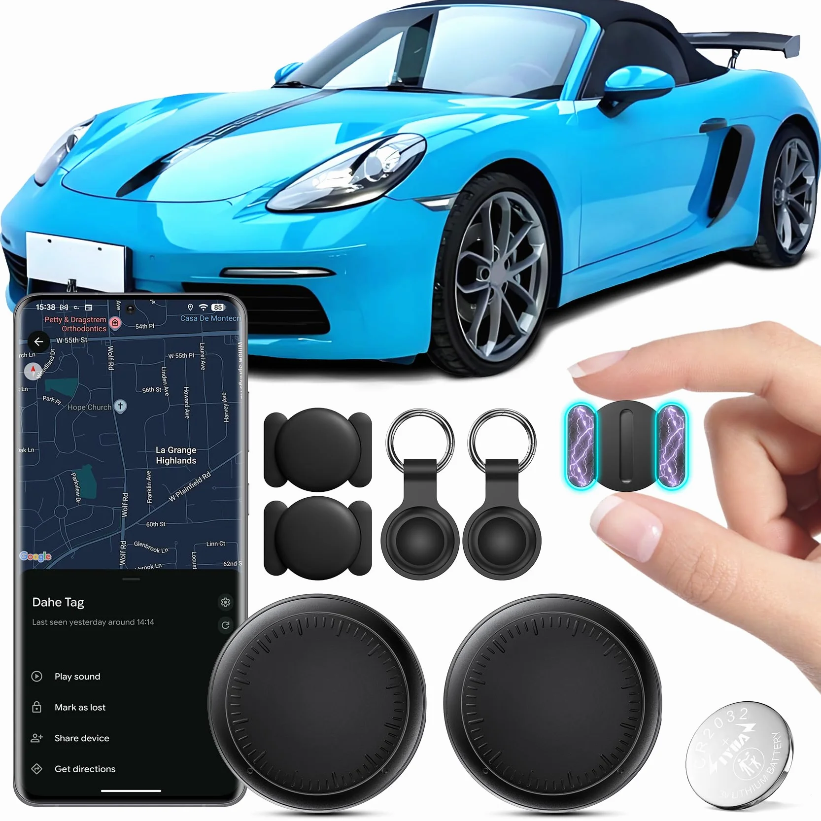 GPS Coche Localizador, 2PCS GPS Coche localizador Compatible con Google Find Hub (Sólo Android) Magnético Android Tracker Tag Rastreador Oculto, Localizador GPS para Car Sin cuota Mensual (Negro)
