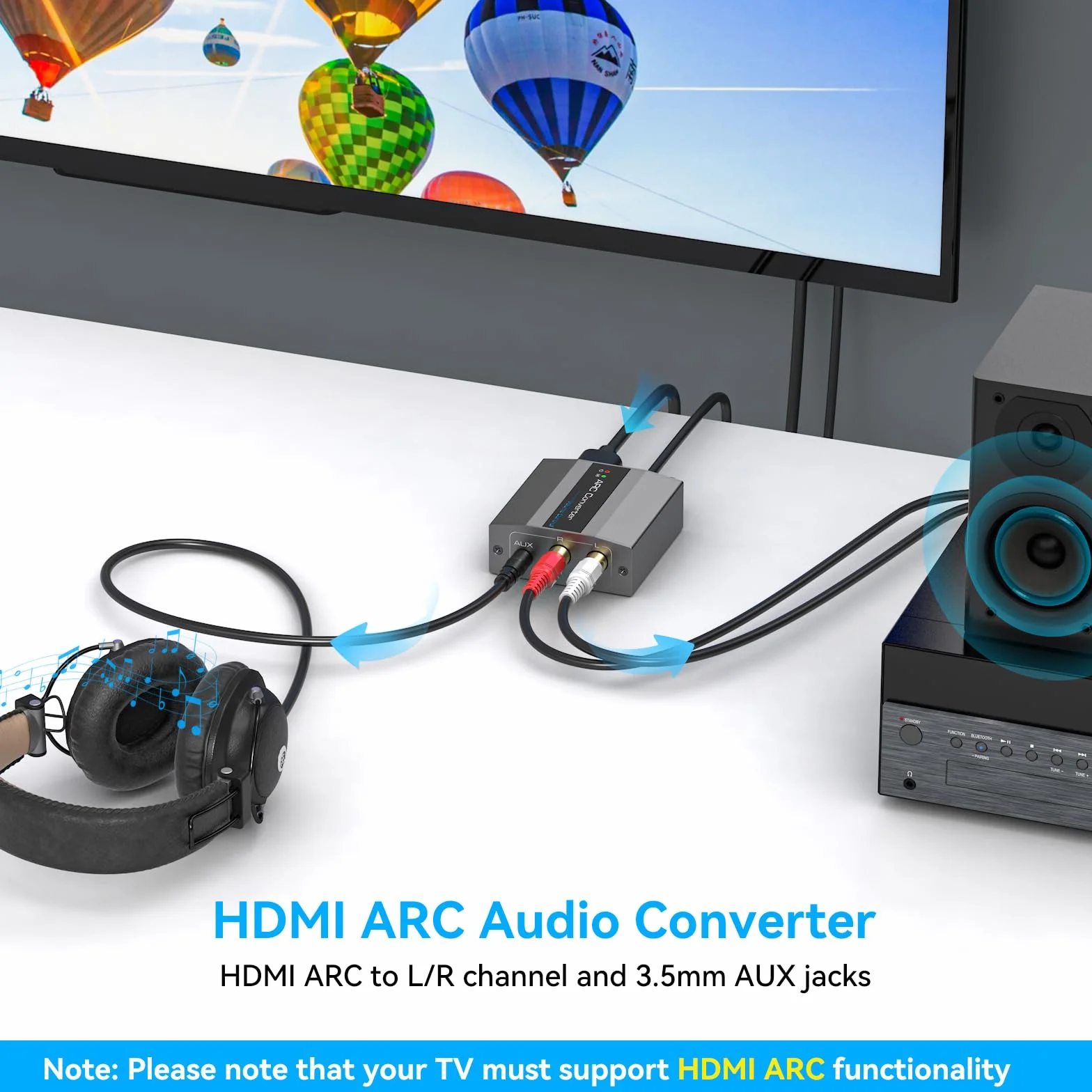 VEDINDUST Adaptador Audio HDMI ARC Extractor a Estéreo RCA AUX 3.5mm con Alimentación USB Cable HDMI ARC de Aleación de Aluminio