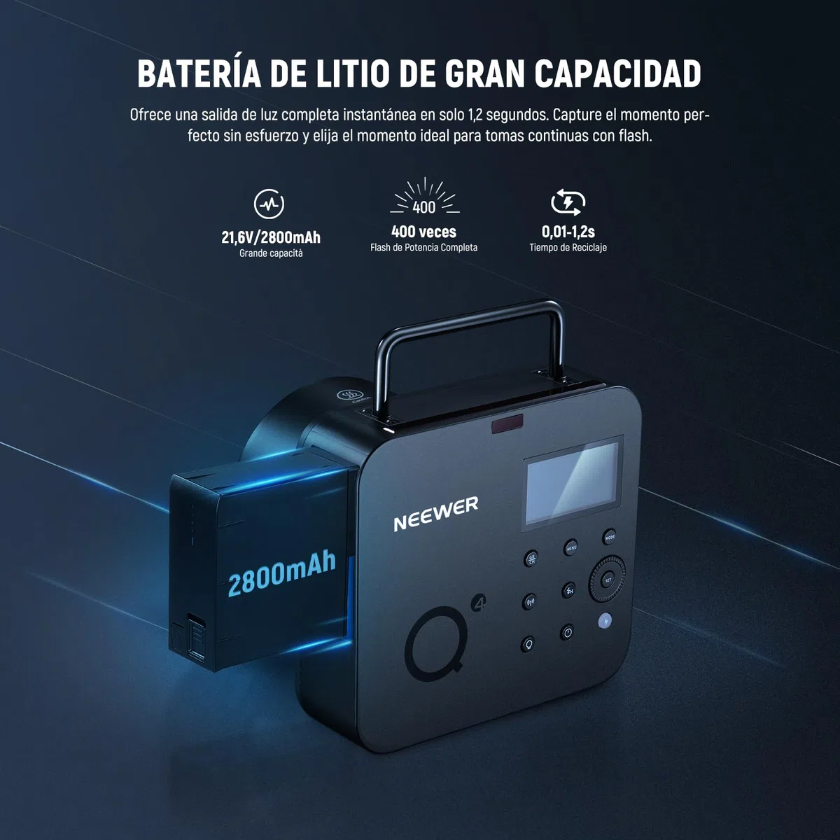 NEEWER Q4 400Ws 2.4G TTL Flash Estudio Exterior (Nuevo Diseño),Compatible con Godox, HSS 1/8000s /Batería 2800mAh / Lámpara Modelado 30W / 400 Destellos/Monoluz Strobe Opico Montura Bowens Fotografía