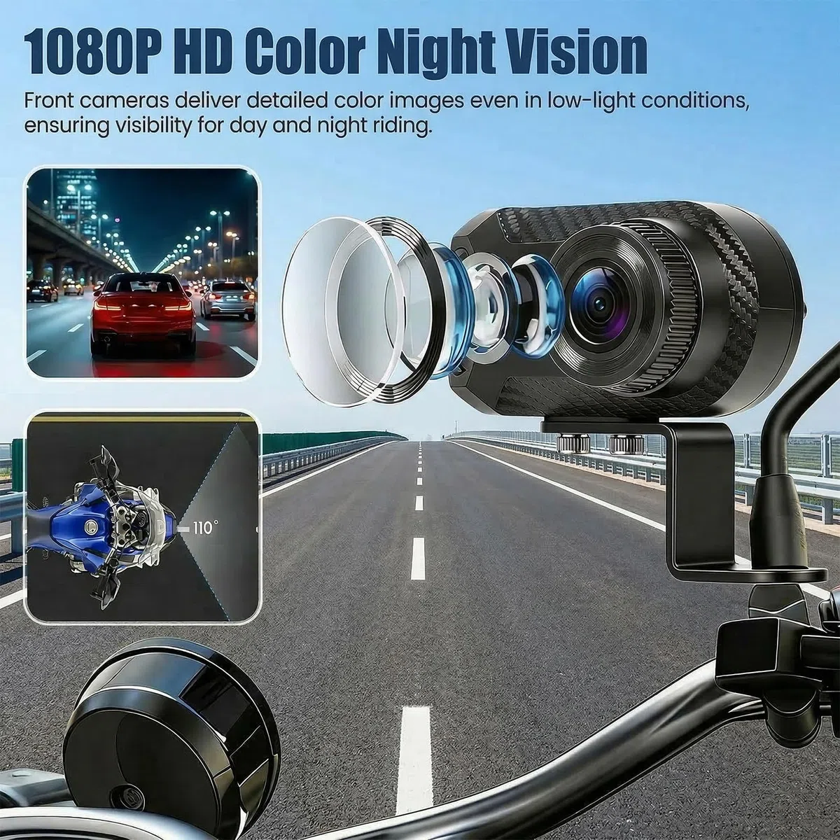 CAMECHO Mini Dashcam para Moto 1080P Cámara IP66 Frontal Impermeable Sin Pantalla, Gran Angular de 110°, Visión Nocturna, Aplicación WiFi, Grabación en Bucle, 7 * 4 * 3,2 cm