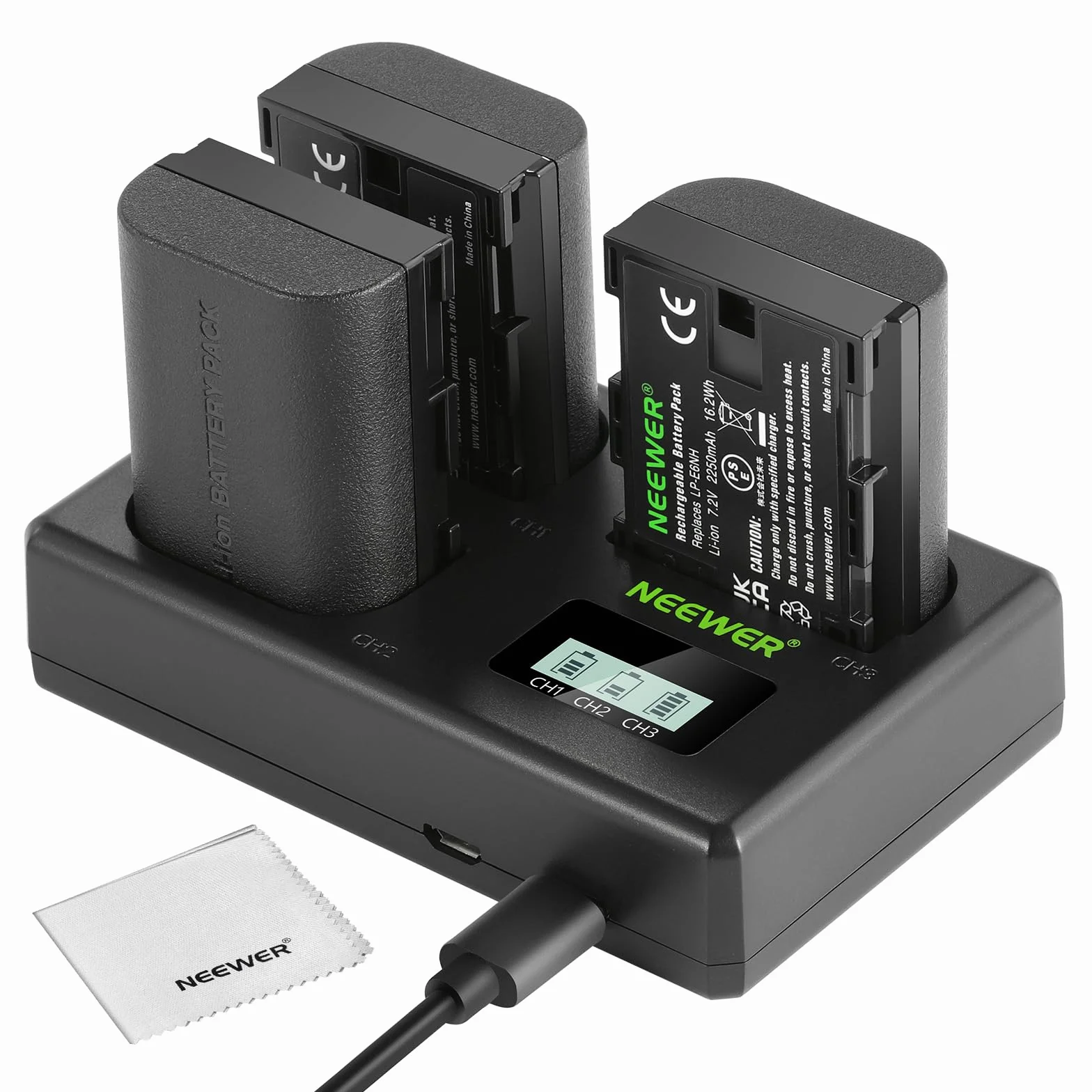 NEEWER LP-E6NH 3 Baterías Repuesto & Cargador USB Set, 3 Paquete 2250mAh para LP-E6NH con Cargador USB Triple Ranura, Paño Limpieza, Compatible con Canon EOS R7 R5 R6 R6 II R 5DIV 6DII 7DII 80D