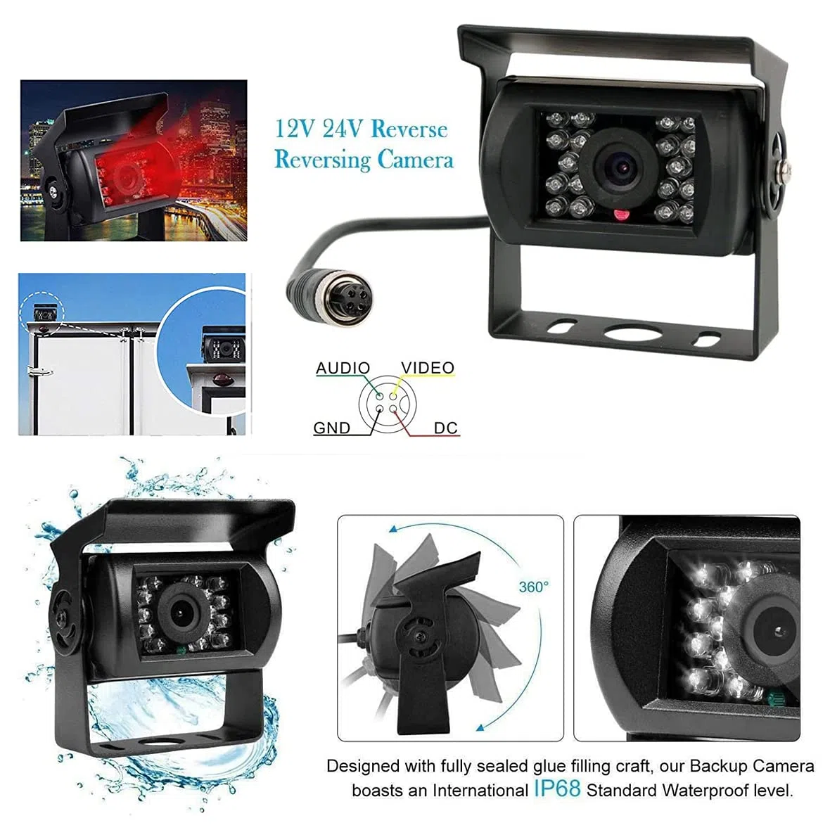 Cámara Trasera de Coche de señal HD, Monitor de 7" y Camara de Marcha Atras Impermeable Visión Nocturna, 170 ° Ajuste Gran Angular para RV Bus Remolque Camión Furgoneta