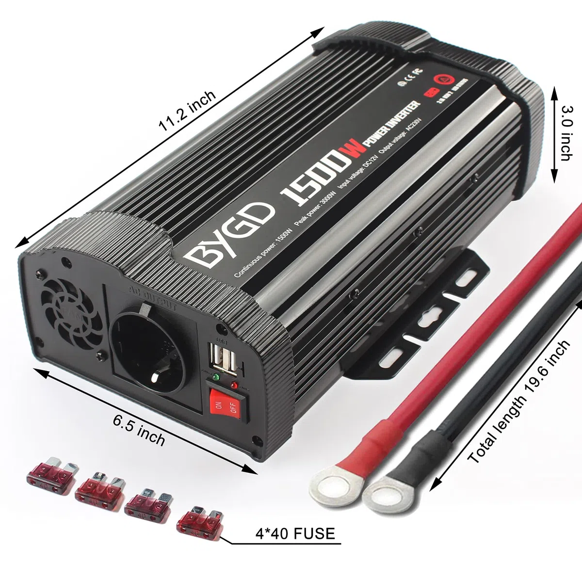BYGD Inversor de Coche 1500W(Pico 3000W) 12V DC a 220V 230V AC convertidor con Adaptador de Cargador de Coche rápido USB Dual 3.1A para camión, de Camping, de Emergencia