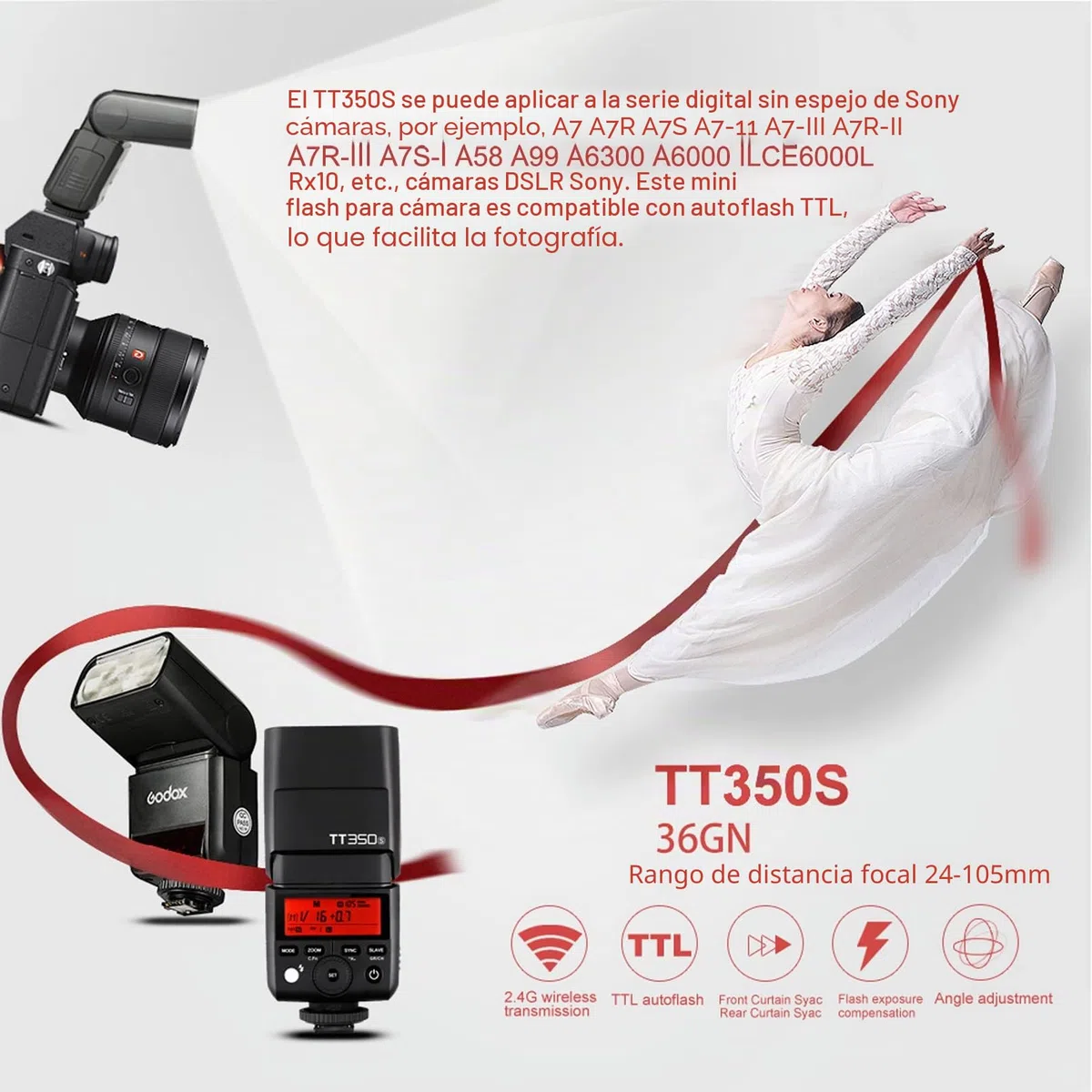 Godox TT350S TTL Cámara Flash Speedlite para Sony GN36 2.4G HSS 1 / 8000s GN36 Compatible para Sony Mirrorless Digital Camera