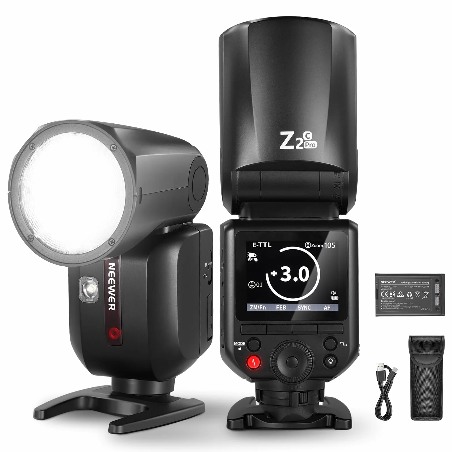 NEEWER Z2PRO-C 2,4G TTL Flash Speedlite de Cabeza Redonda Compatible con Canon, 76W 1/8000s HSS Luz para Fotografía de Cámara con Interfaz de Usuario Mejorada 2 Lámpara Modelado, TTL/M TCM Interruptor