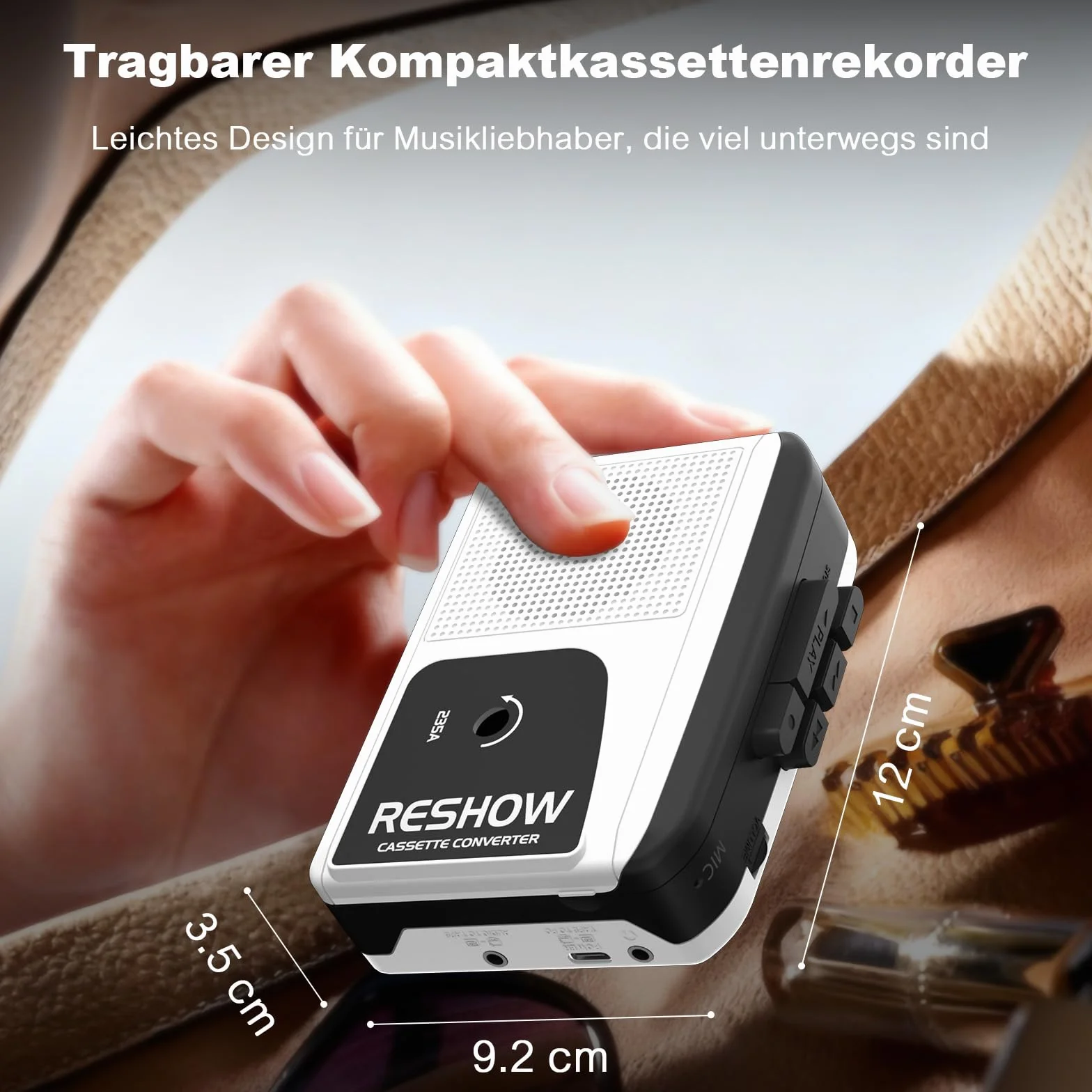 Reshow Grabadora de casete portátil USB a MP3, grabación inversa, micrófono integrado, altavoz, auriculares (blanco)
