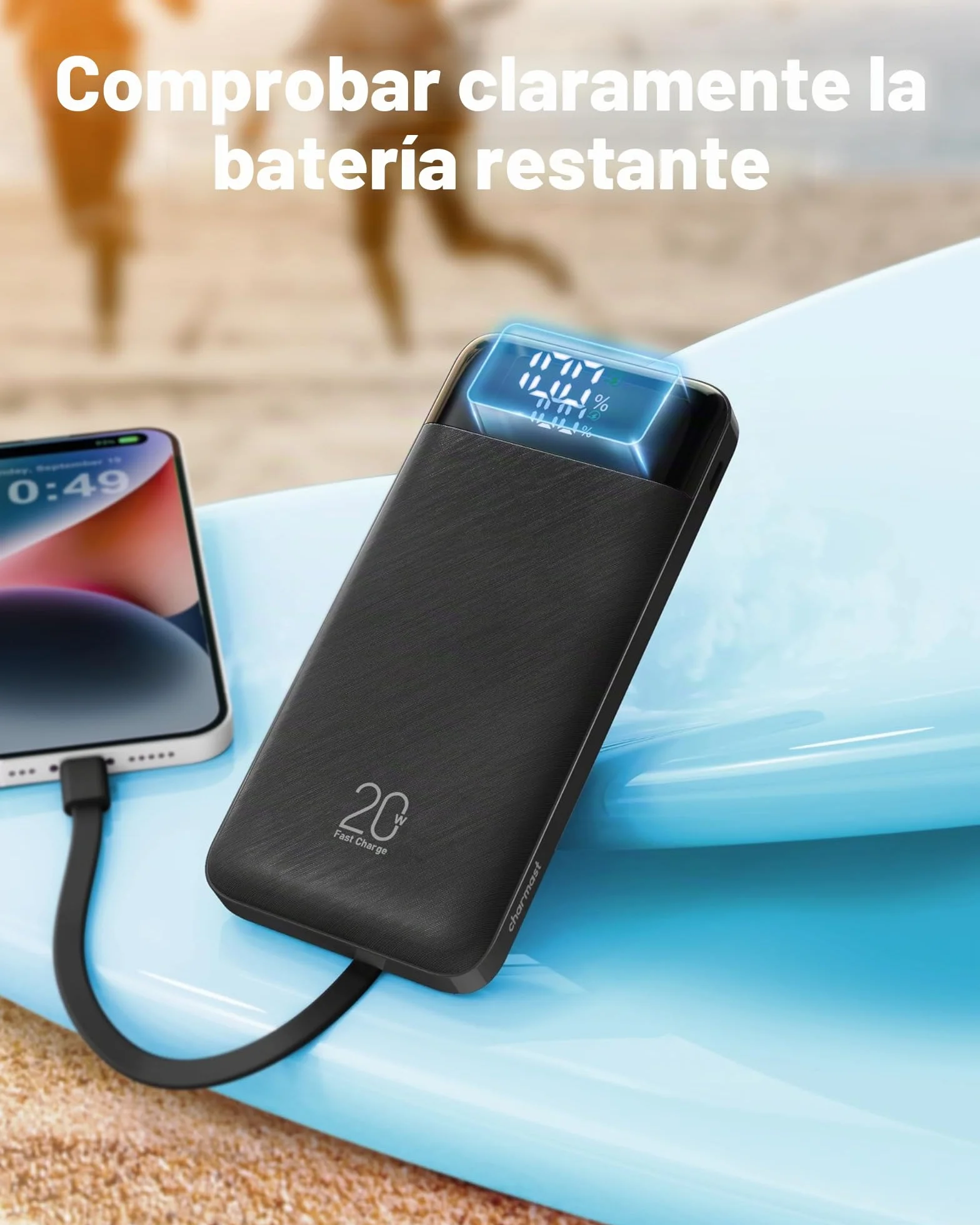 Charmast Power Bank 20000mAh Bateria Portatil USB con Cables Bateria Externa USB C Carga rapida PD 20W Powerbank con Pantalla LED para iPhone,Samsung,iPad,Tablet,Airpods etc