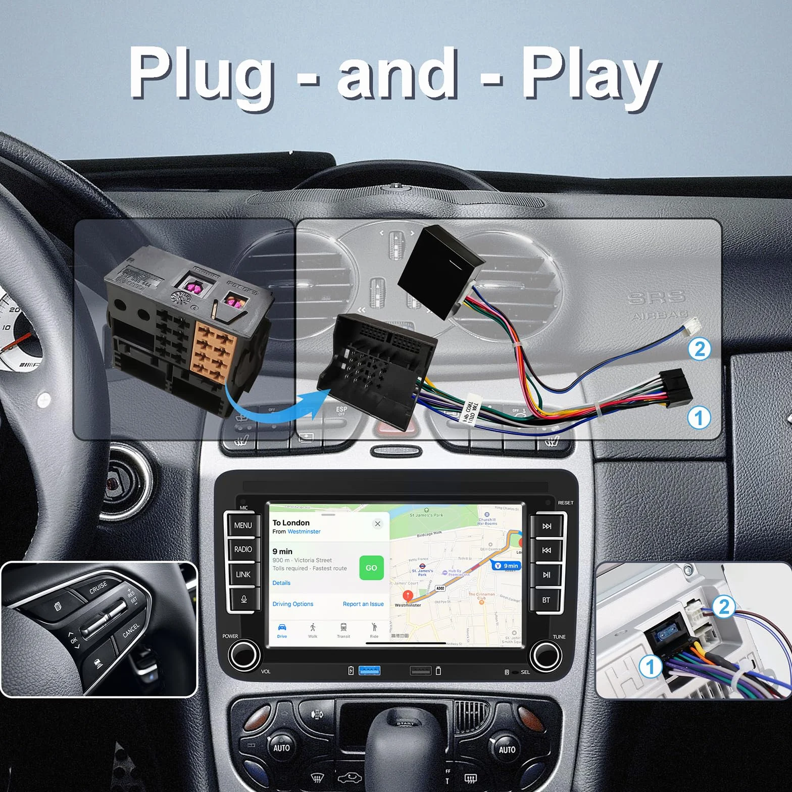 Radio Adecuado para VW Golf R32 5 6, Passat, Skoda, Polo, T5 Tiguan Jetta Mk5. Incorpora una Pantalla IPS de 7 Pulgadas, admite Carplay/Android Auto inalámbricos y es Compatible con Am/FM/RDS/USB/BT