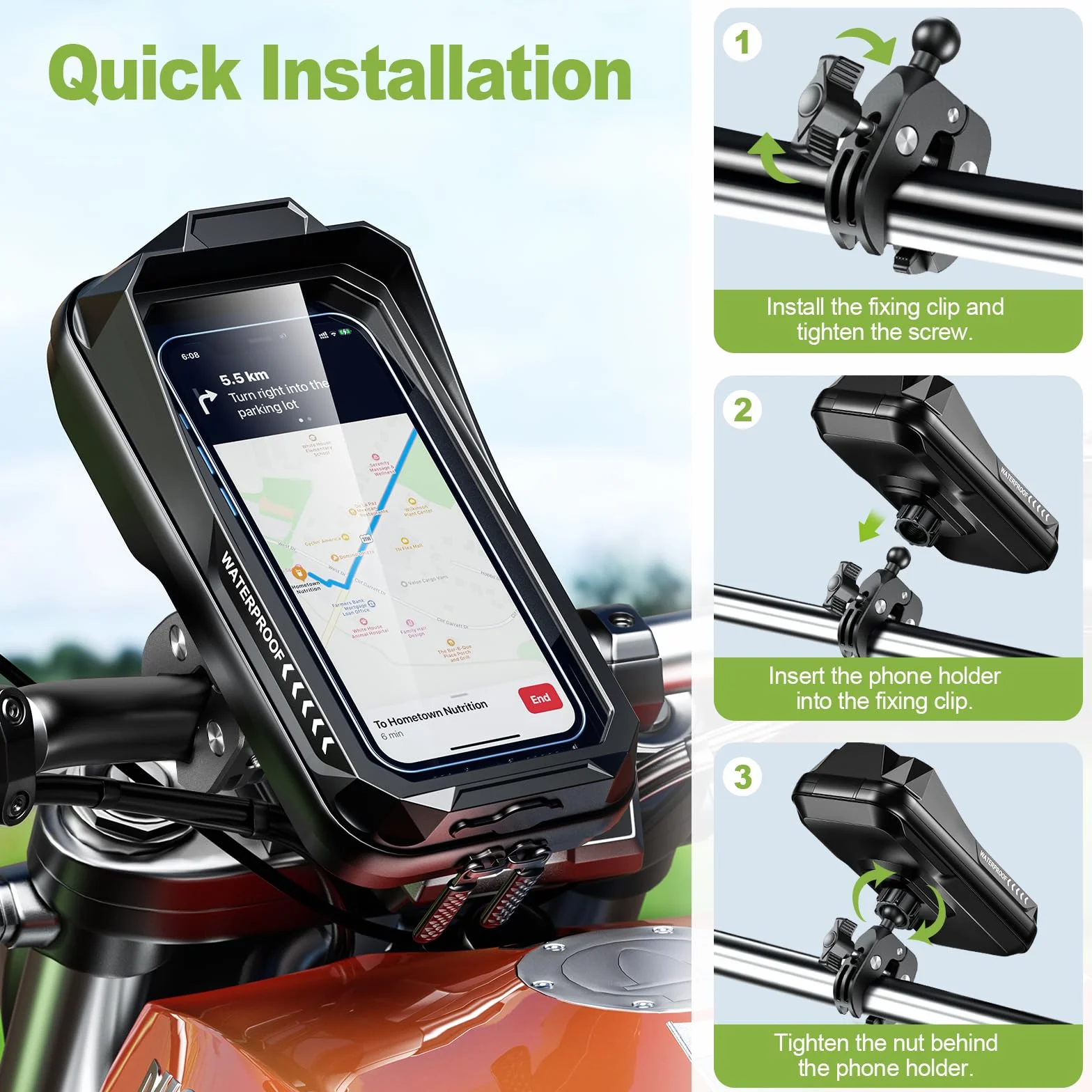 Soporte Móvil Moto Impermeable 360° Rotación Anti Vibración Pantalla Táctil para Retrovisor Motocicleta 7.0