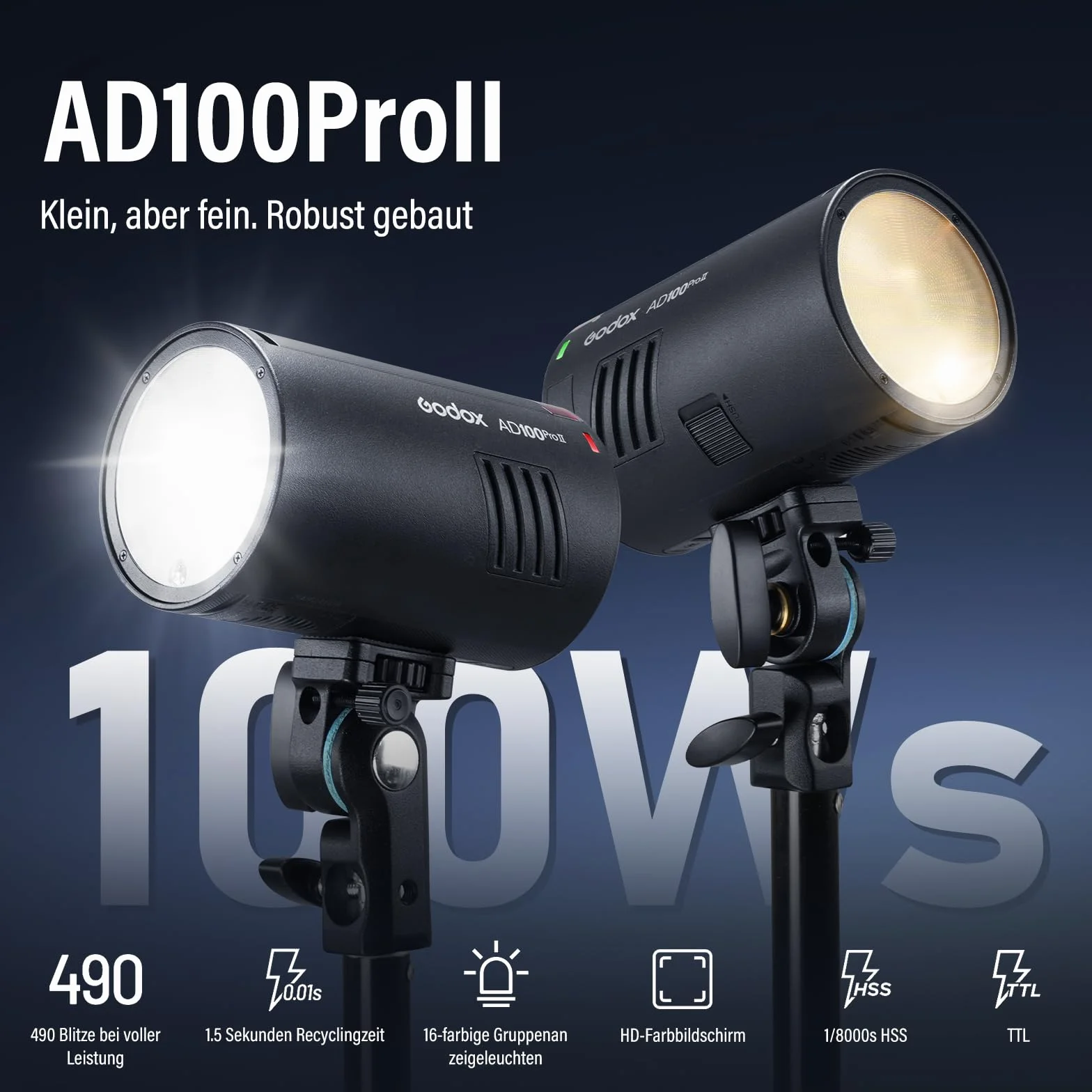 GODOX AD100ProII Flash Kit AD100Pro Upgrade Luz Estroboscópica Fotografía,100Ws 2.4G Inalámbri HSS 1/8000s Flash Exterior,USB-C Recarga,Batería 2850mAh 490 Flashs Potencia Complet,Lámpara Modelado LED