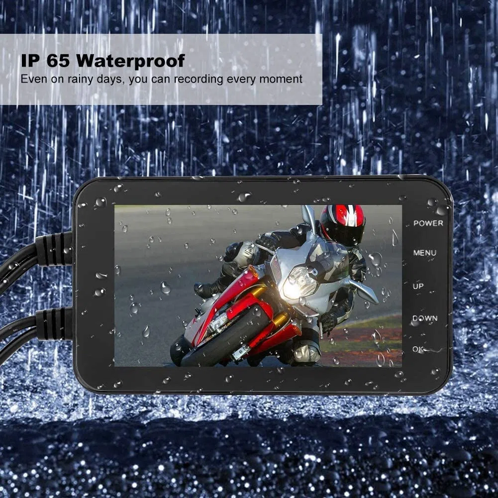 Dash CAM Motocicleta, 1080P, 4in, Pantalla Táctil, Resistente al Agua, WiFi, GPS, Sensor G, Detección de Movimiento, Grabadora de Video Conducción Cámara Delantera/Trasera, Monitor de Estacionamiento