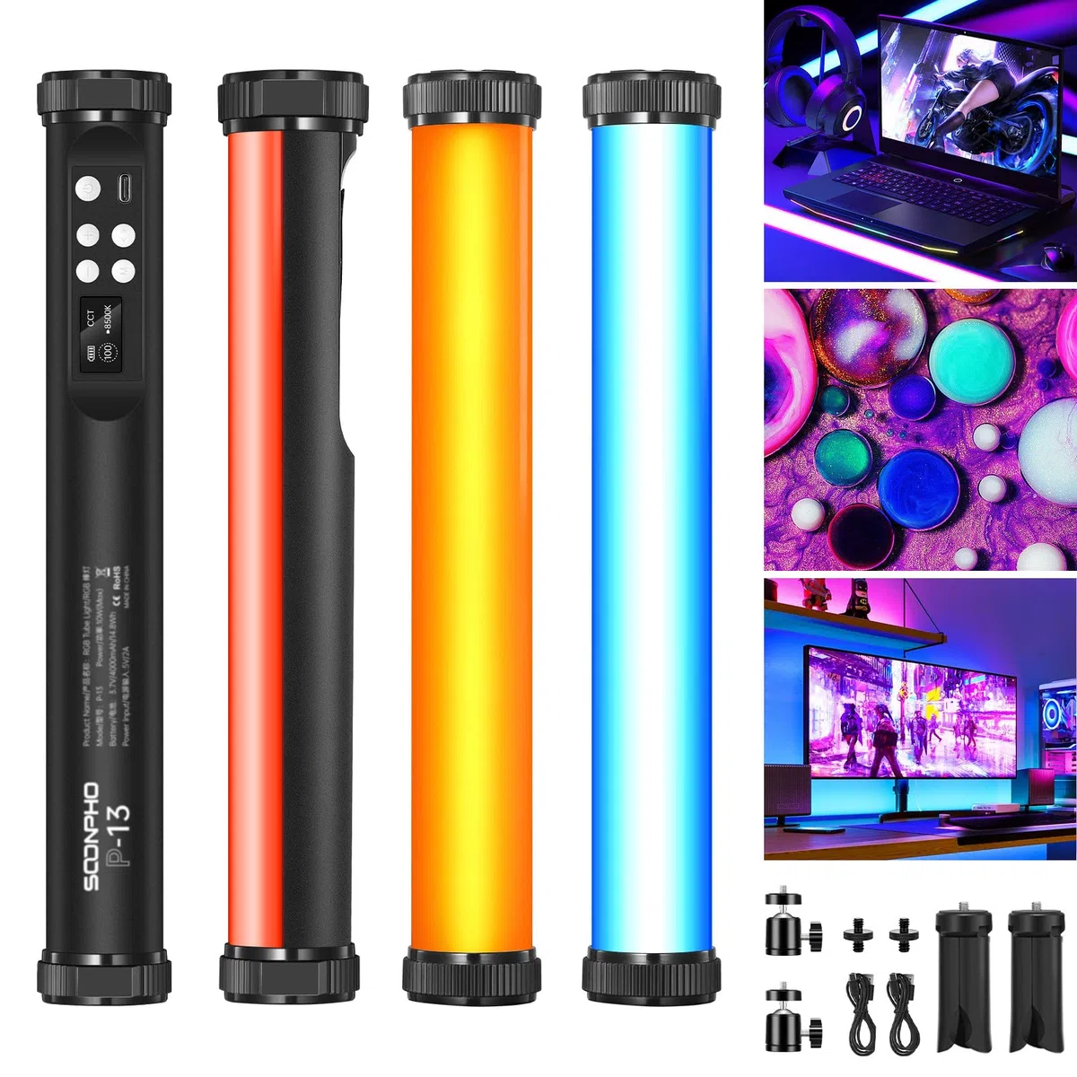 Soonpho 2 Pack RGB Foto Stick Light Tubo de Luz Palo LED Barra para Fotografía Video con 4000mAh de la Batería,CRI 97 +,2500K-8500K,Brillo Ajustable 21 Efectos para TikTok,Youtube