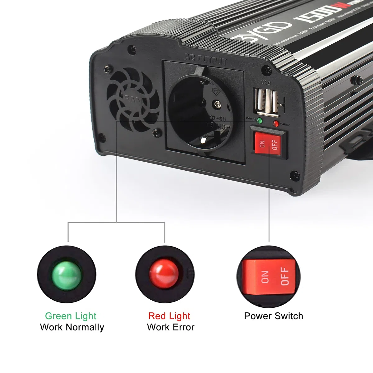 BYGD Inversor de Coche 1500W(Pico 3000W) 12V DC a 220V 230V AC convertidor con Adaptador de Cargador de Coche rápido USB Dual 3.1A para camión, de Camping, de Emergencia