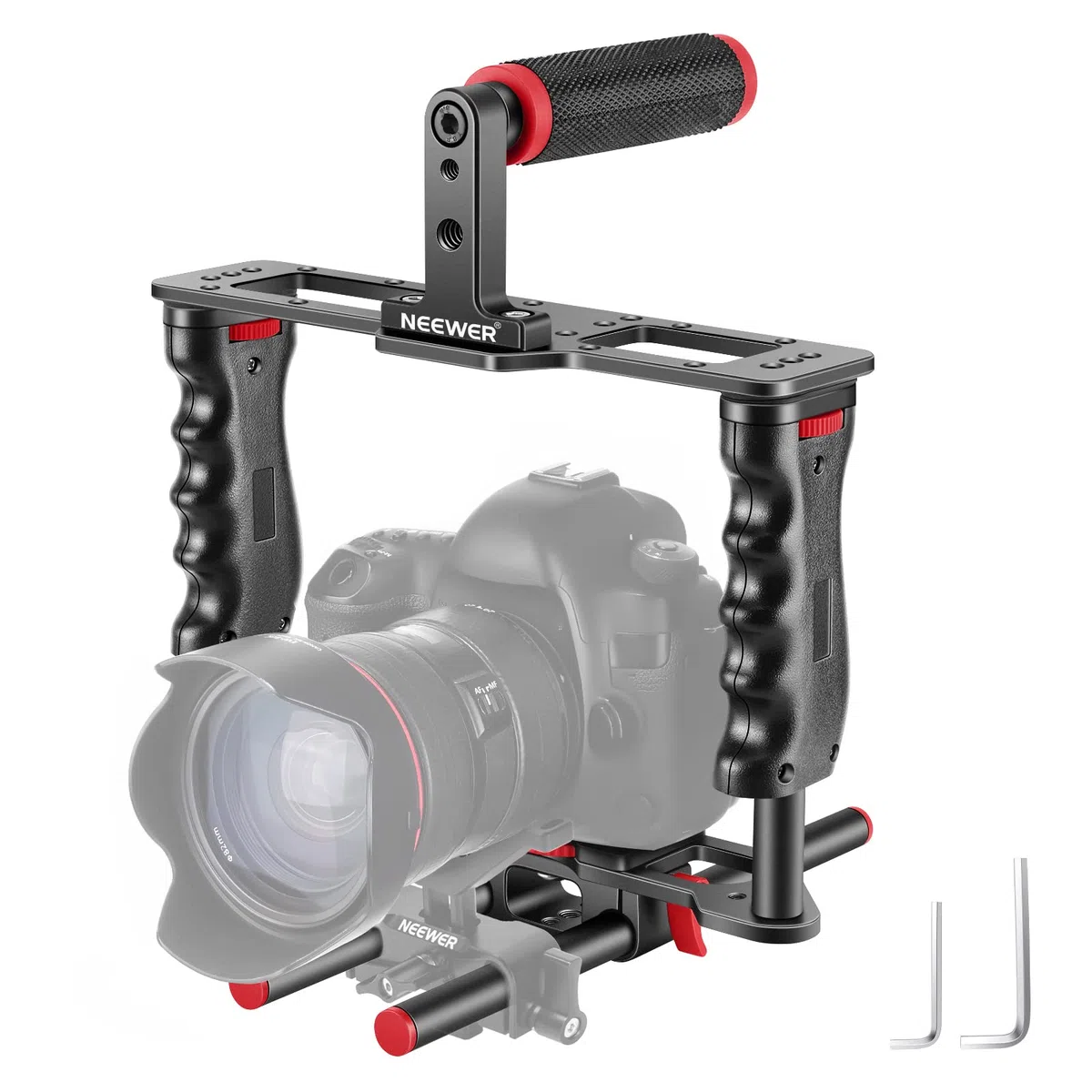 NEEWER Cámara de Aleación de Aluminio Jaula de Video Película Kit con Manija Superior, Empuñadura Doble, Dos Varillas de 15mm, Compatible con Canon Sony Fujifilm y Nikon (Rojo+Negro)