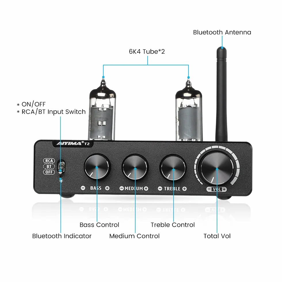 AIYIMA T2 6K4 - Preamplificador de tubo biliar al vacío Bluetooth 5.0 QCC3034 estéreo HiFi Preamplificador Aptx Preamplificador con alto sonido de bajo midio para altavoces activos de audio en casa