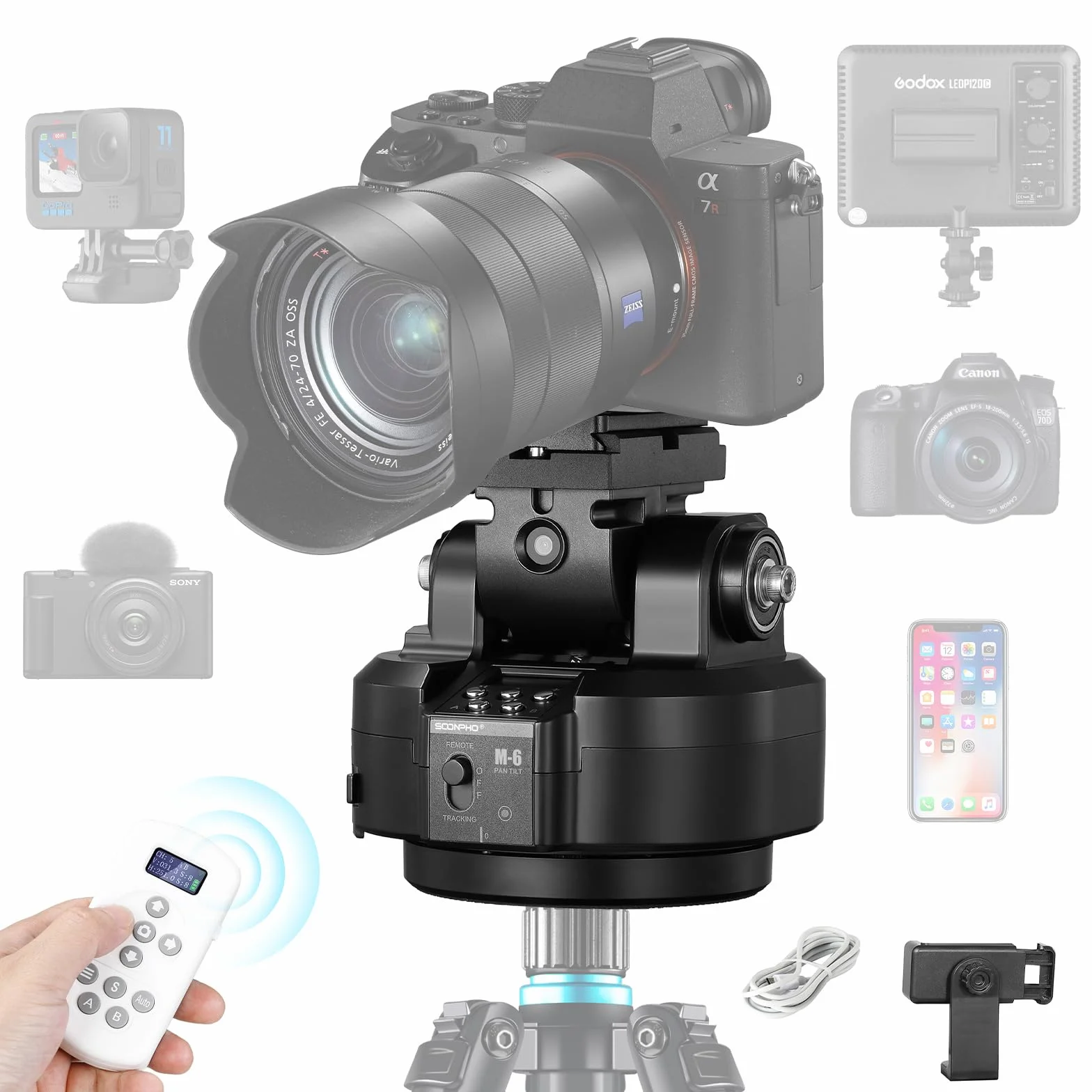 Soonpho M6 Motorizada 360 Grados Erhbarer Eléctrico Remote Panorama Trípode con Abrazadera para Teléfono y Mando a Distancia AI Face Tracking Detección de Gestos AB Dos Puntos Tipo para DSLR