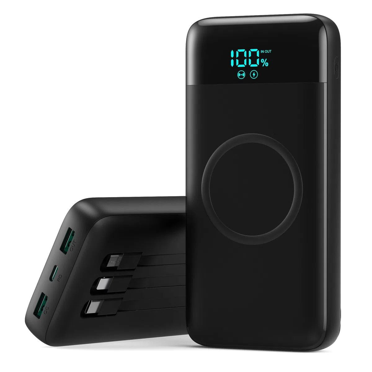 Power Bank Inalámbrico 26800mAh con 3 Cables, 7 en 1 Batería Externa Carga Rápida 25W PD3.0+QC4.0, 6 Puertos Powerbank Cargador Portátil LCD Display Compatible con iPhone17/16/15/14/13Huawei etc-Negro