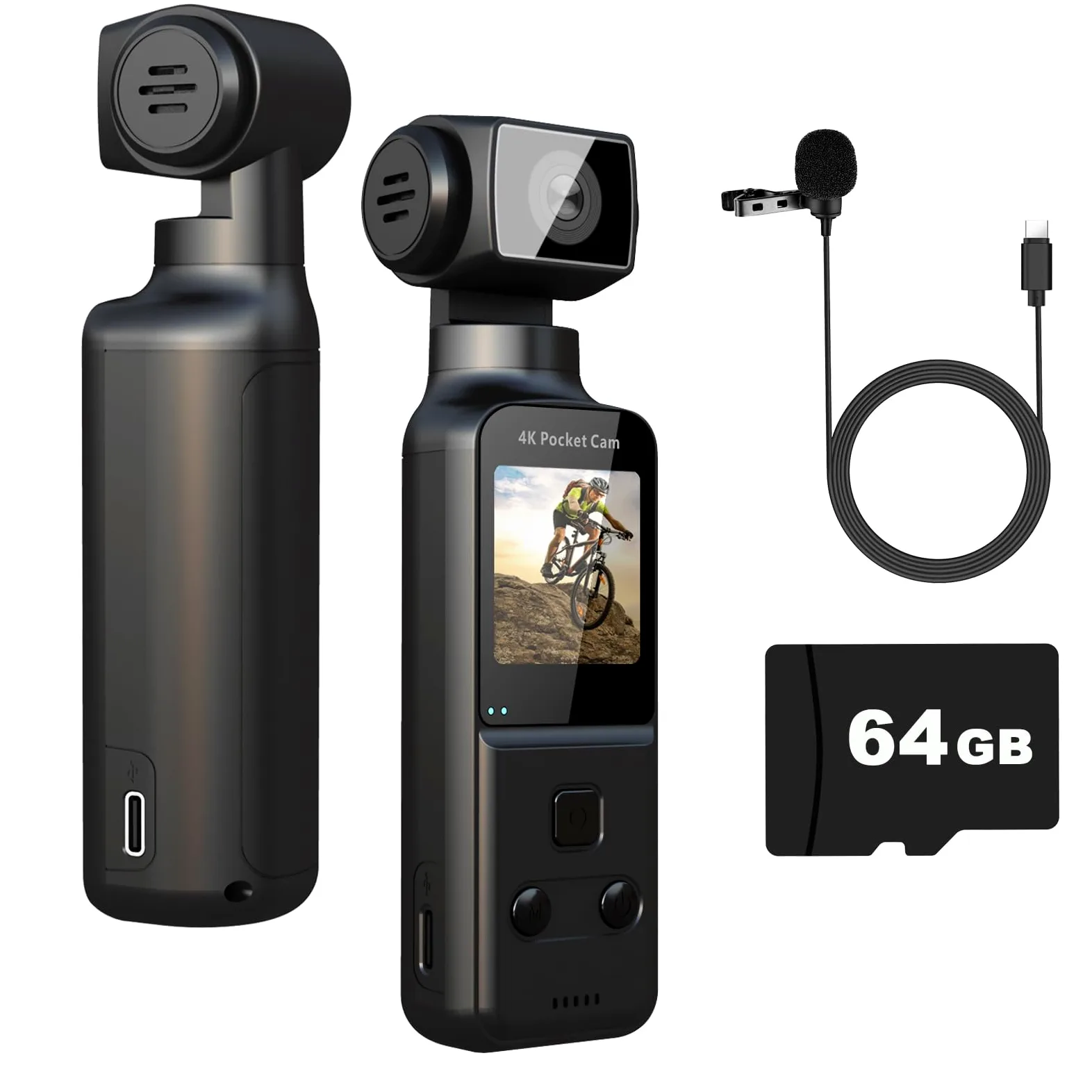 ydi Cámara Corporal 4K con Micrófono Externo, Mini Video y Audio Pocket CAM Rotación 270° Cámara para Deporte, Bicicleta, Viajes, Grabación Policial, 64 GB Incluidos