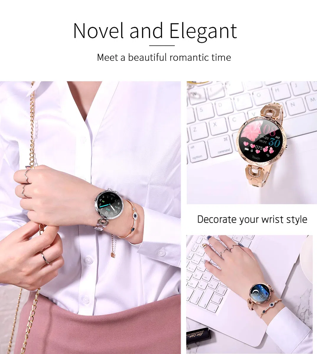 LONGLU Reloj Inteligente para Mujer, Bluetooth smartwatch Compatible con iOS Android iPhone Samsung Fitness Tracker con frecuencia cardíaca Presión Arterial Impermeable podómetro Sleep (Dorado)