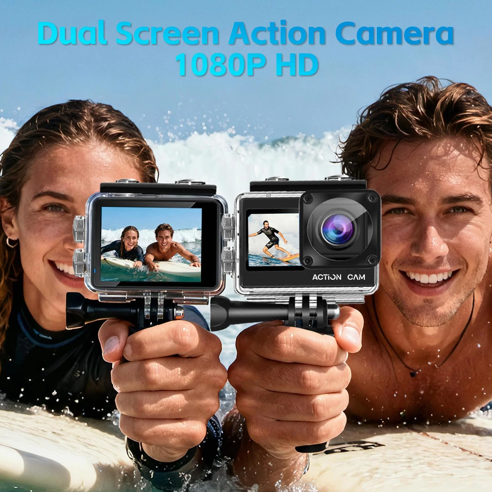 Camara Acuatica FHD 1080P, Cámara Subacuática Resistente al Agua hasta 40 m, Cámara Deportiva de Doble Pantalla con 2 baterías Recargables de 1050 mAh y Juego de Accesorios