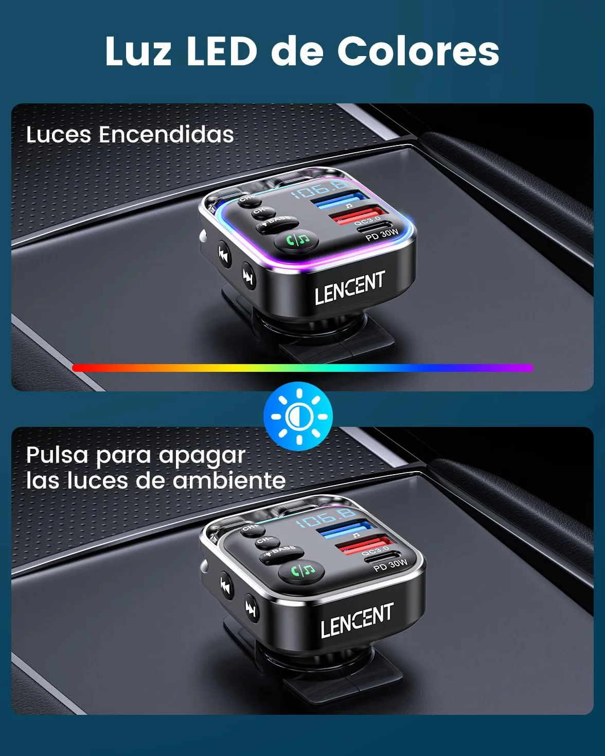 LENCENT Transmisor FM Bluetooth 5.3 Adaptador Coche Carga Rápida PD 30W QC3.0 Música Alta Fidelidad Manos Libres