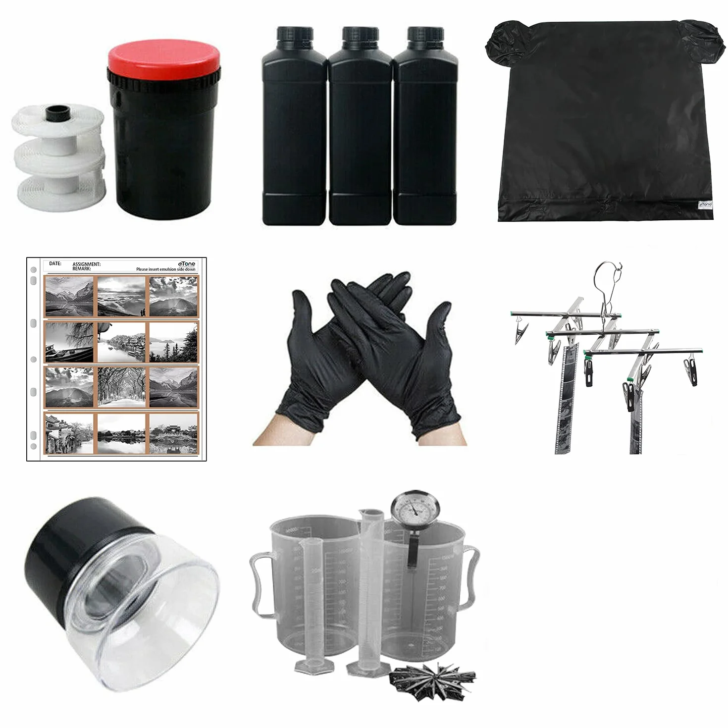 Kit de desarrollo de cámara negro con tratamiento de película, 120 127 126 negativos, 10 lupas sobre pie, aumento, 4 bandas de 3 negativos, 6x6 cm, compacto cubeta de desarrollo para las 2 películas.