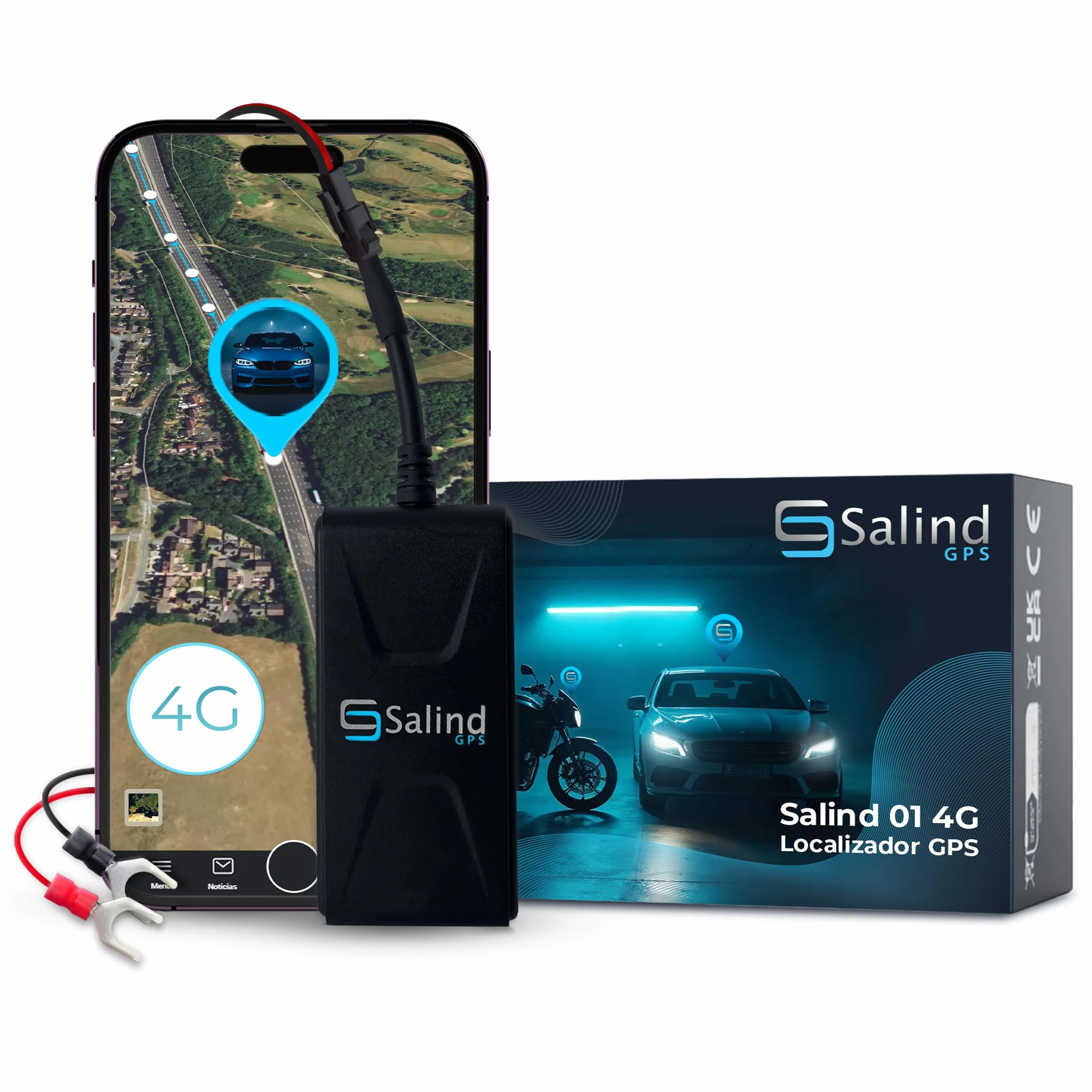 Salind 01 4G Localizador GPS para Coche, Moto y Vehículos - Conexión Directa a Batería - Seguimiento en Tiempo Real, Historial de Rutas y Alarmas - Cable 1,38m