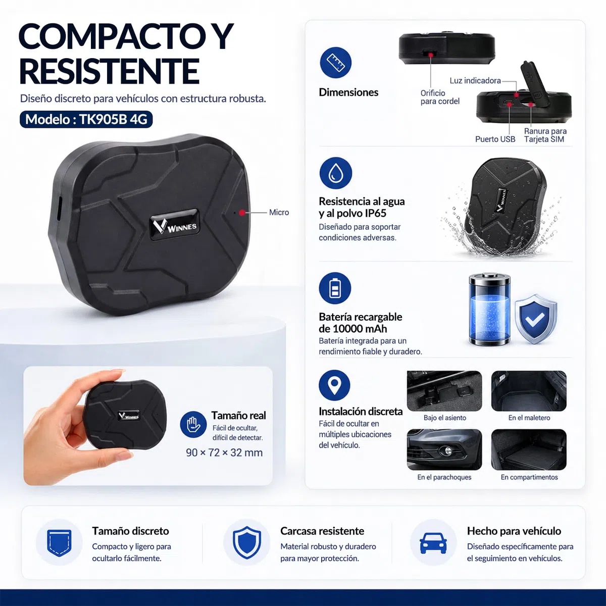 4G Localizador GPS para Coche, Moto y Camión sin Suscripción, Batería 10000 mAh hasta 100 Días en Espera, Seguimiento en Tiempo Real, Rastreador GPS con Imán, Alerta Antirrobo, Geovalla y App - TK905B