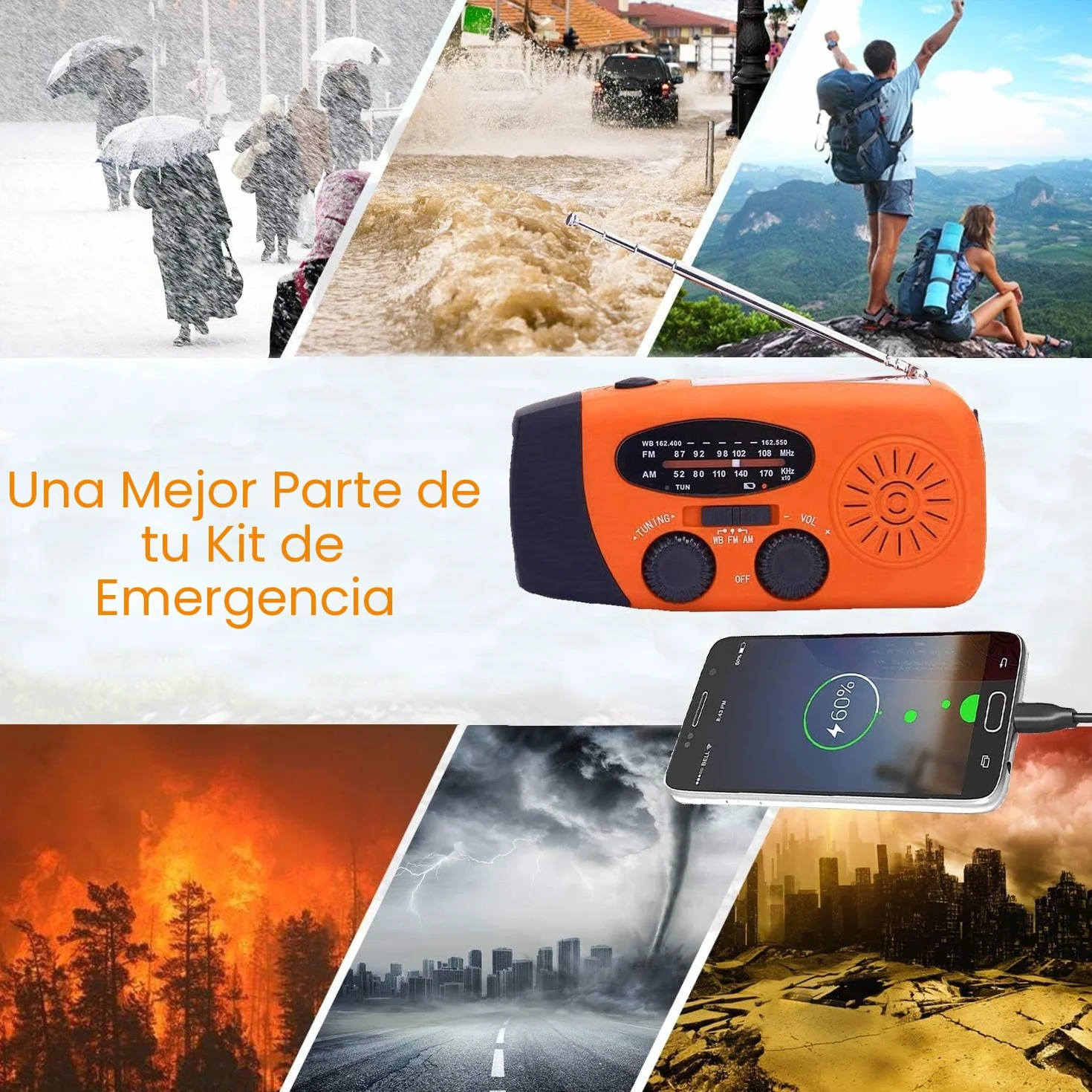 Radio Solar, Radio de manivela portátil Dynamo Radiocon Am/FM, con Linterna LED 2000mAh Recargable de Cuerda para Emergencia, Cargador de teléfono móvil USB para Acampar al Aire 2000 Mah
