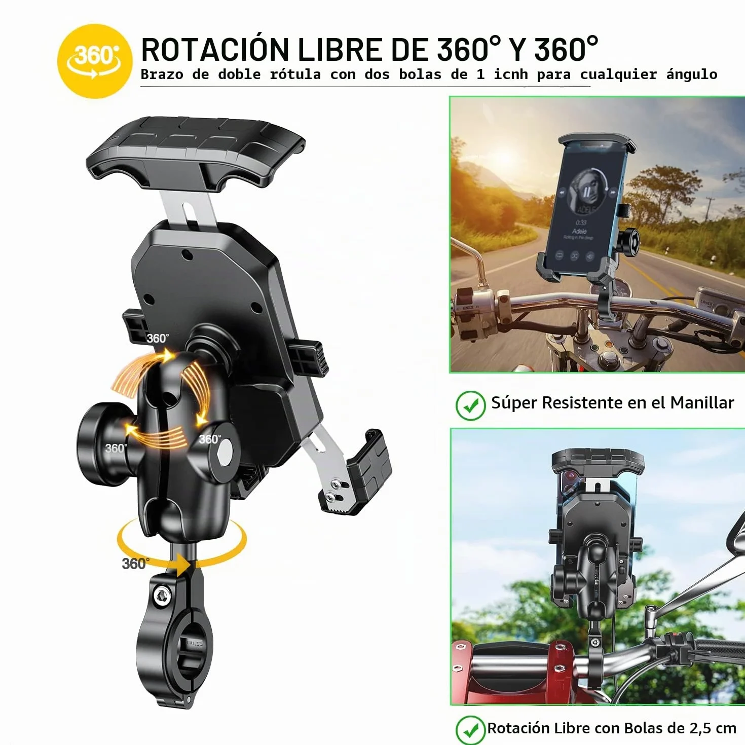 iMESTOU Soporte Antirrobo para Teléfono de Moto, Base Esférica de Aluminio 1 Pulgada, Rotación 360°, Universal 4.0"-7.0"