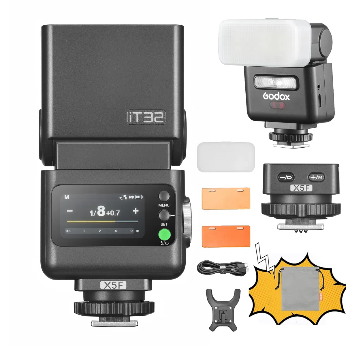 Godox iT32 - Flash de cámara TTL y disparador inalámbrico X5 F 2,4 GHz HSS 1/8000s GN18 con difusor magnético para cámaras Fuji