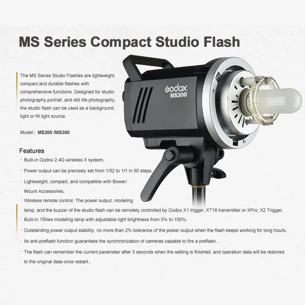 Godox MS300 300 W 2.4G Receptor inalámbrico incorporado ligero, compacto y duradero flash de estudio Bowens Mount y lámpara de modelado de 150 W, con difusor estándar